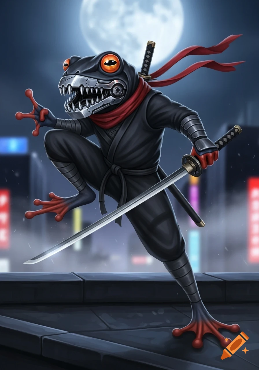 An anthropomorphic ninja frog with a mechanical jaw, holding a katana, on a rooftop at night under a full moon.
