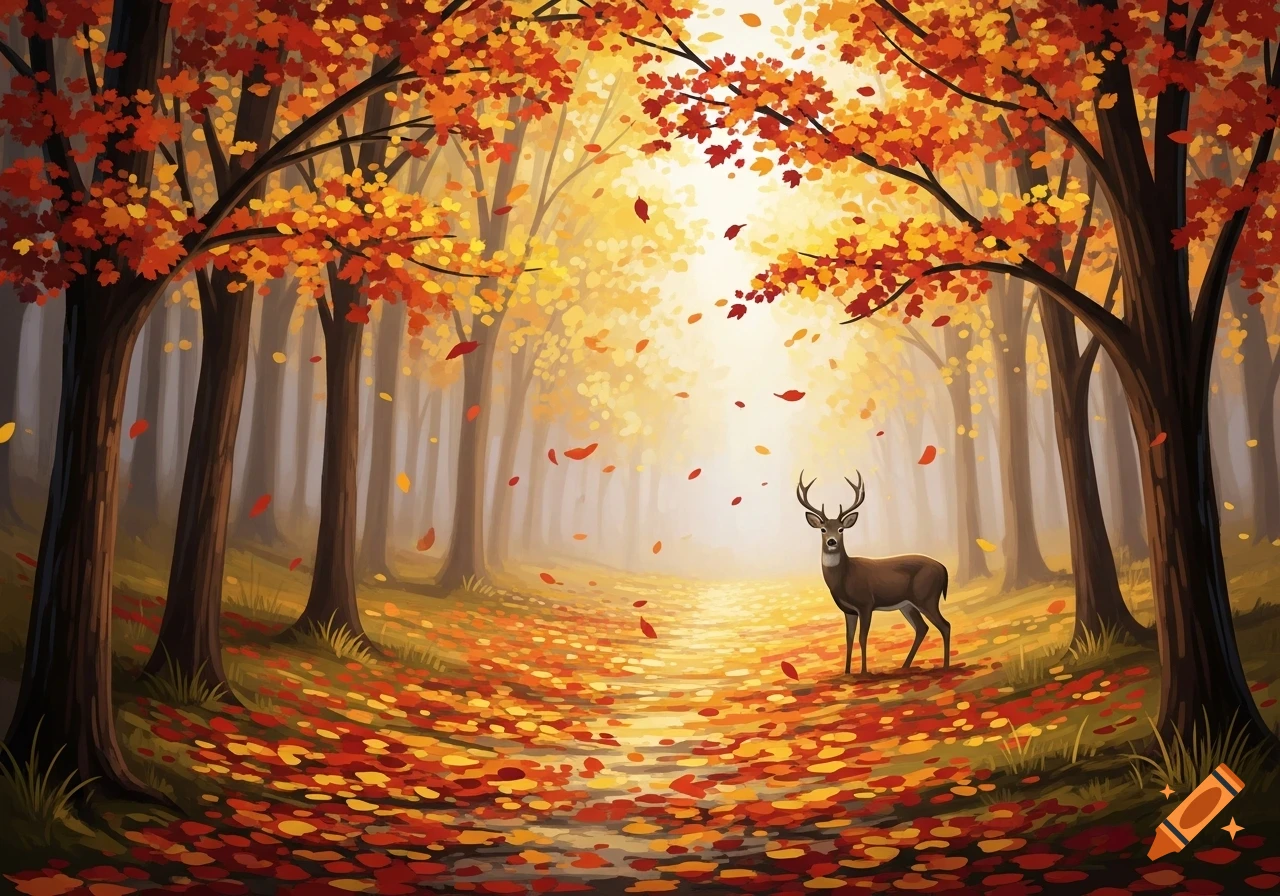 An illustration of a deer standing in a vibrant autumn forest with falling red and orange leaves.