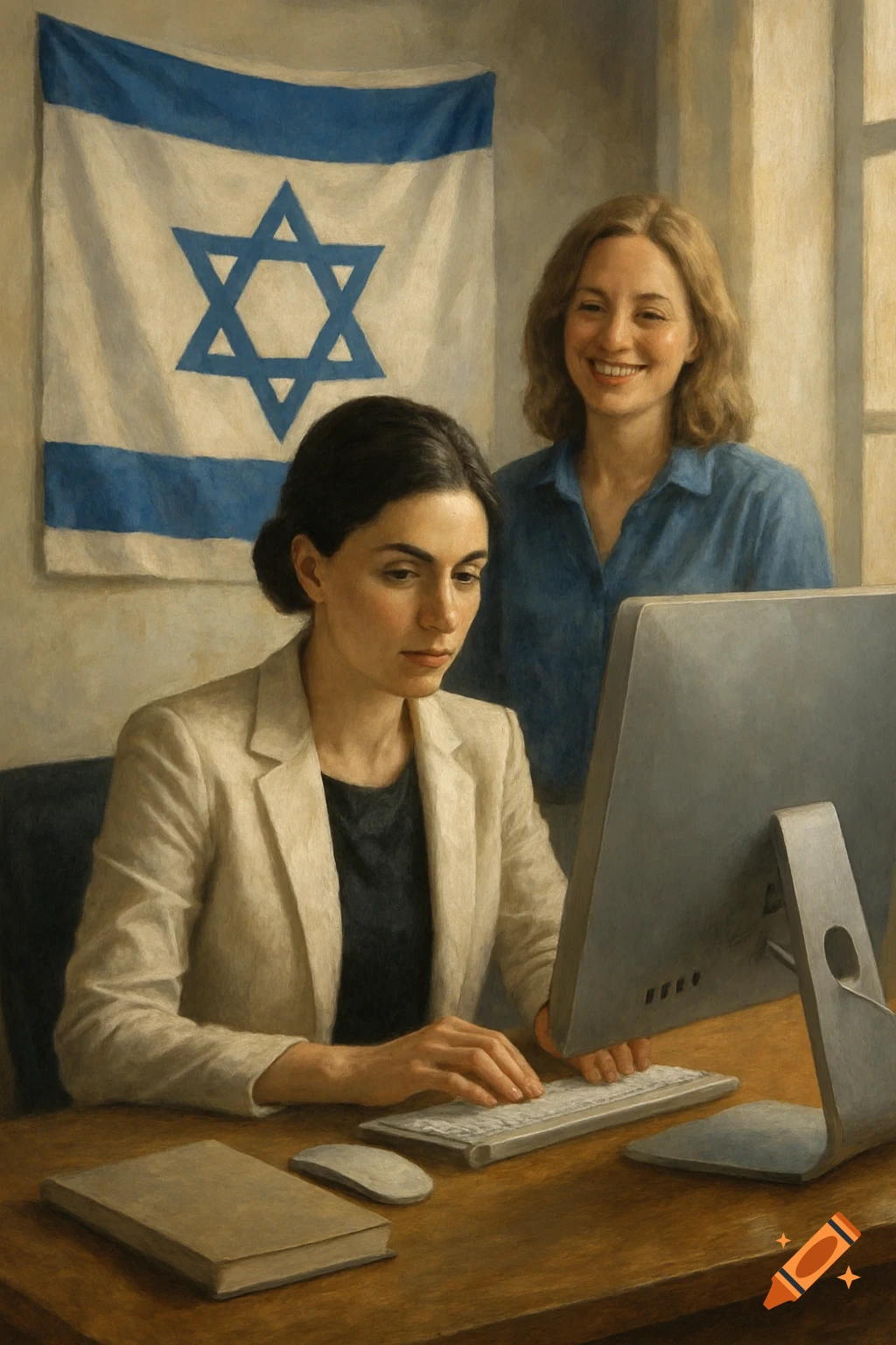 Two women in a painterly style. One works at a computer, while another stands smiling behind her, with an Israeli flag in the background.