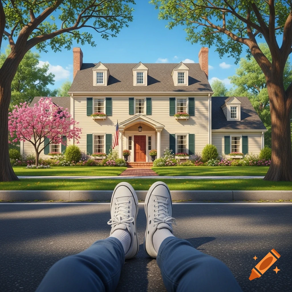 A low-angle shot of feet in white sneakers on asphalt, looking towards a stately cream house with green shutters and a pink flowering tree under a blue sky.