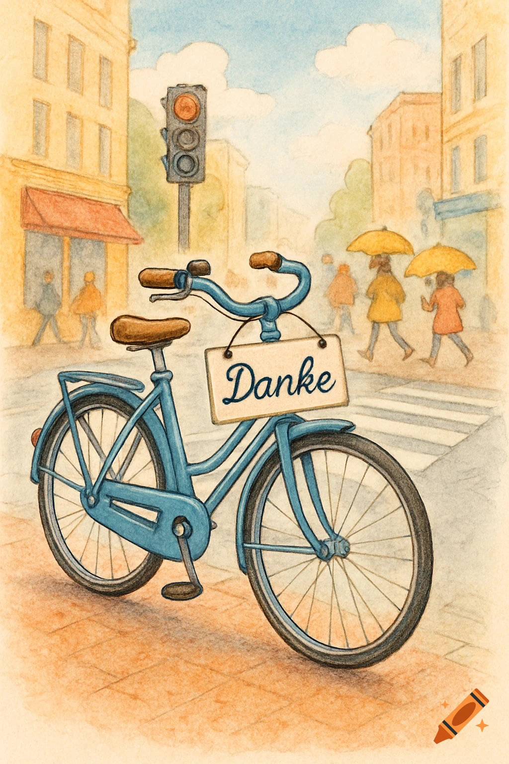 Watercolor illustration of a blue bicycle with a "Danke" sign on an urban street with pedestrians.