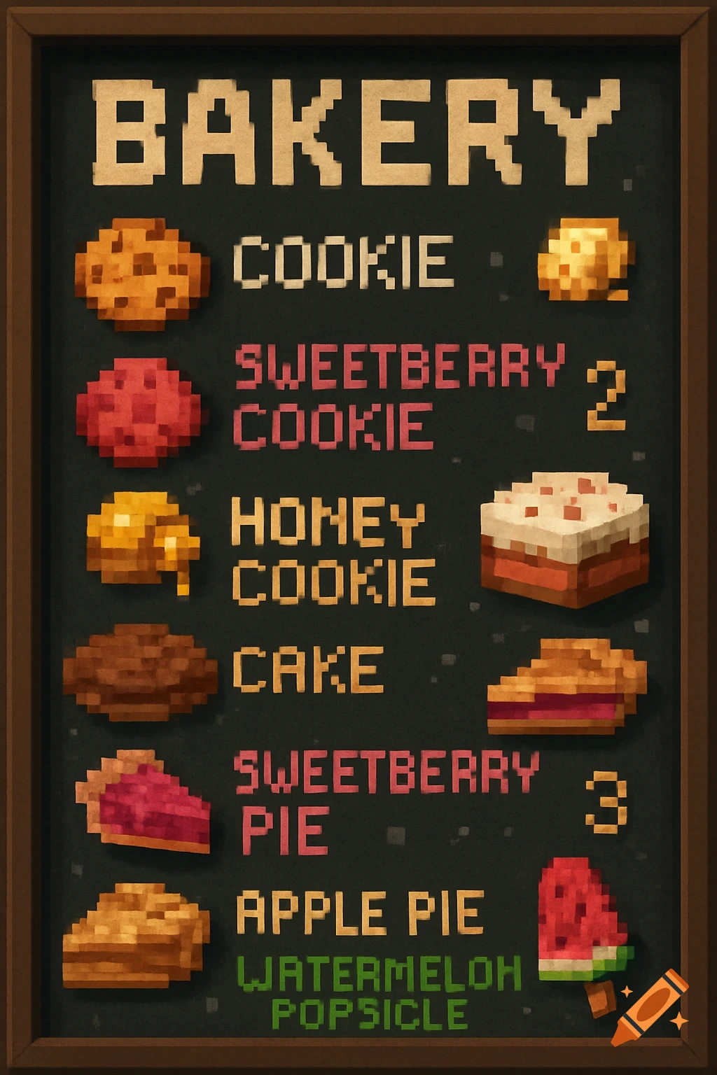 A pixel art Minecraft-style bakery blackboard menu lists cookies, cake, pies, and a watermelon popsicle.
