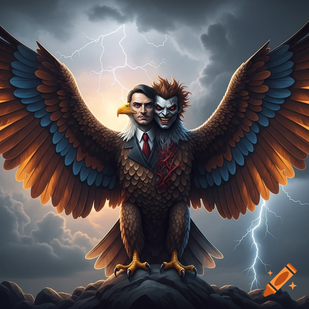 A two-faced eagle creature, half composed of a man in a suit and half of a monstrous, grinning face, stands on a rock under a stormy sky with lightning.
