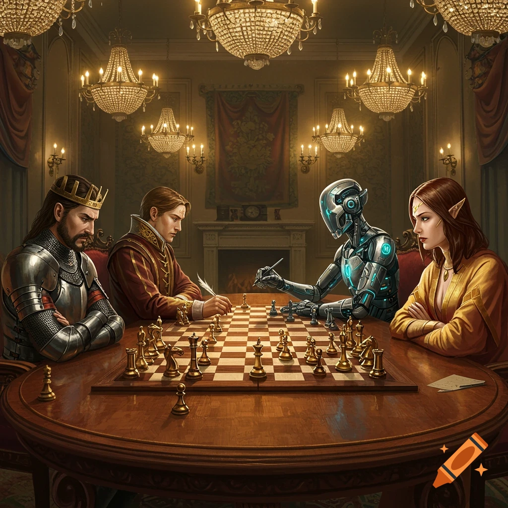 Four diverse figures, a medieval king, a man in period attire, a robot, and an elf, gather around a chessboard in a lavish, chandelier-lit room.