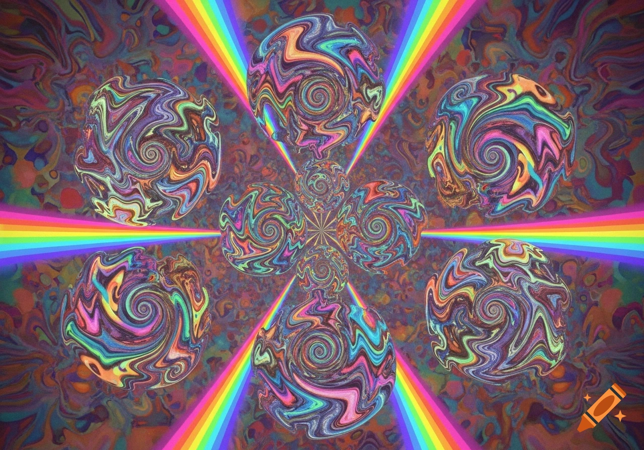Vibrant psychedelic abstract art with six swirling multicolored orbs and rainbow light beams.