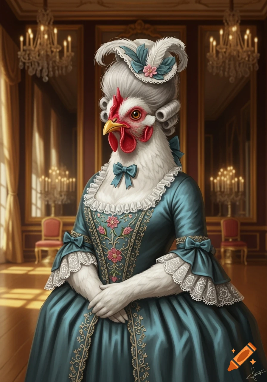 A white chicken in an elaborate white Georgian wig and a blue floral dress stands in a lavish room, painted in a detailed style.