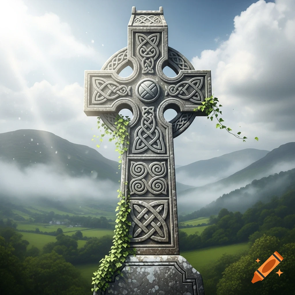 Photorealistic stone Celtic cross with intricate knotwork and ivy, set in a misty, sunlit green mountain landscape.