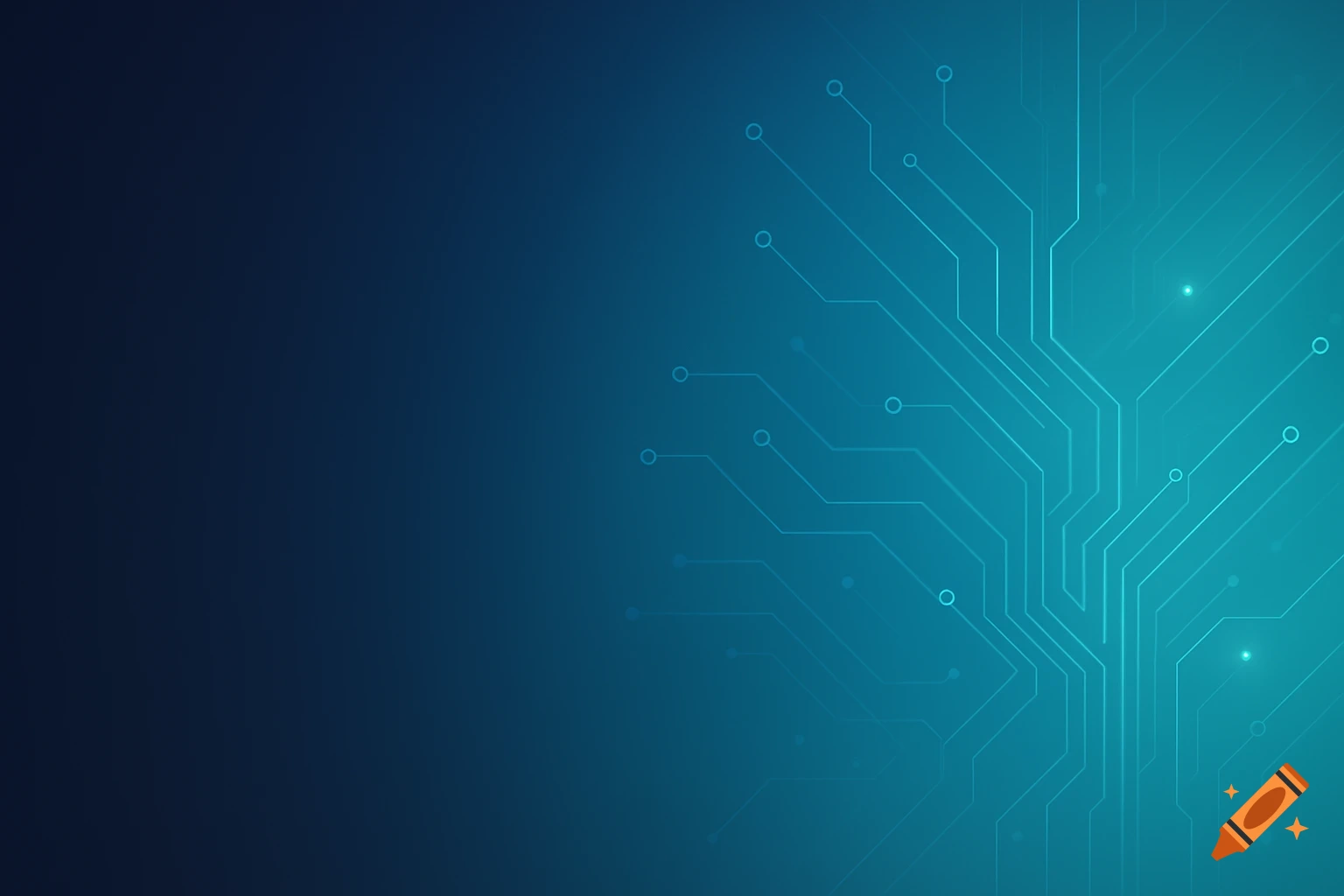 A digital circuit board pattern with glowing lines and nodes on a dark blue to bright teal gradient background.