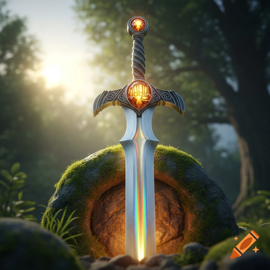 An ornate fantasy sword with glowing gems and a rainbow blade stuck in a mossy rock in a sunlit enchanted forest.