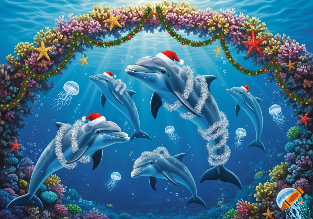 A vibrant underwater Christmas scene features five dolphins wearing Santa hats and wrapped in tinsel, swimming among colorful coral and jellyfish.