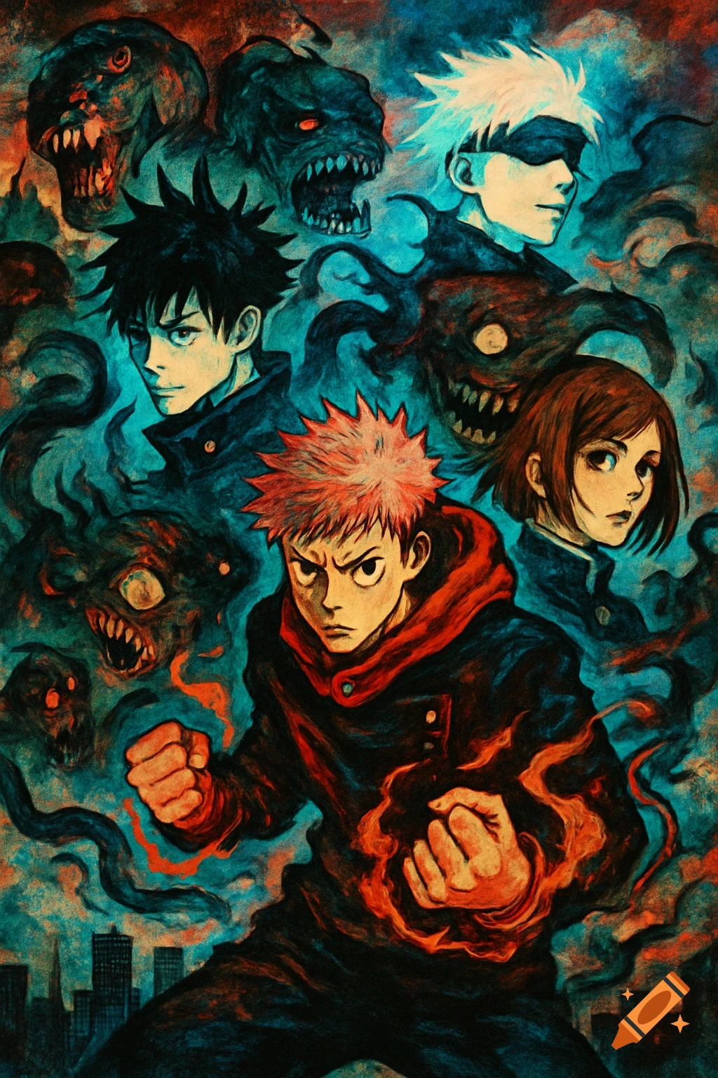 Jujutsu Kaisen characters Yuji Itadori, Megumi Fushiguro, Nobara Kugisaki, and Satoru Gojo surrounded by menacing curses in a dynamic anime art style.