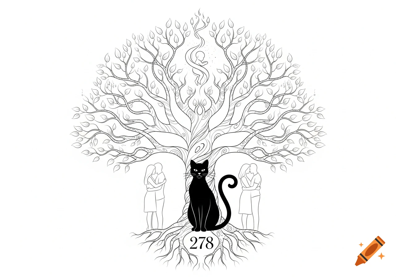 Minimalist line art tattoo design featuring a tree of life with a black cat, embracing lovers, a child's soul, and the number 278.