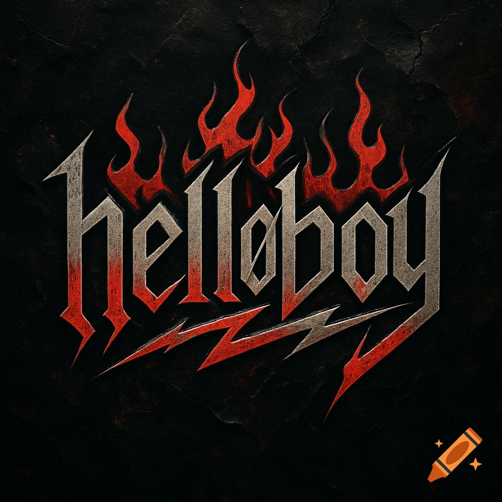 A rock band logo for 'helløboy' with stylized metallic text and red flames against a dark, textured background.