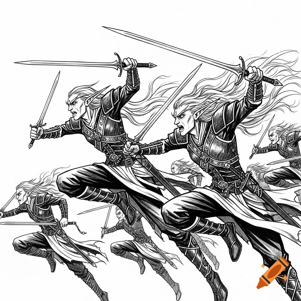 Black and white ink drawing of a group of angry elves in armor charging with swords.