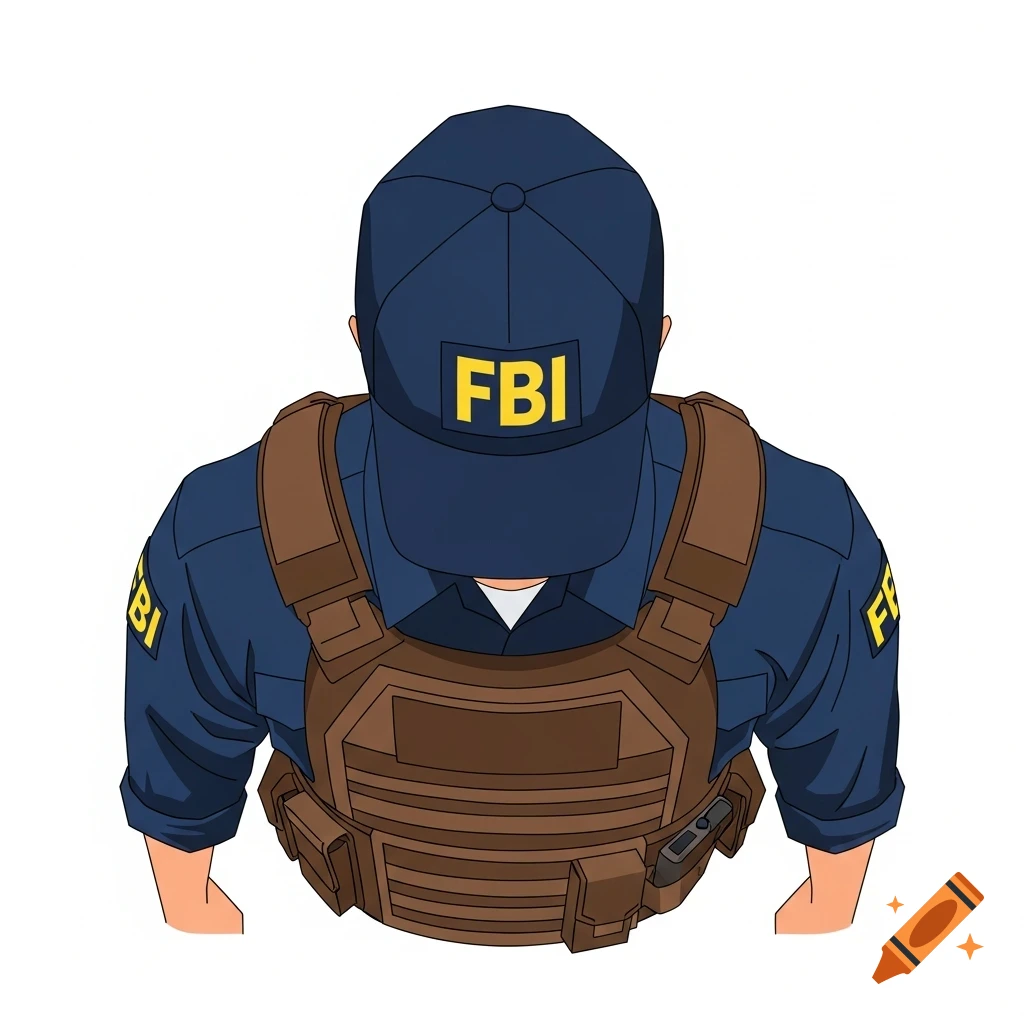 Top-down vector illustration of an FBI agent wearing a navy blue uniform, cap with 'FBI', and brown tactical vest.