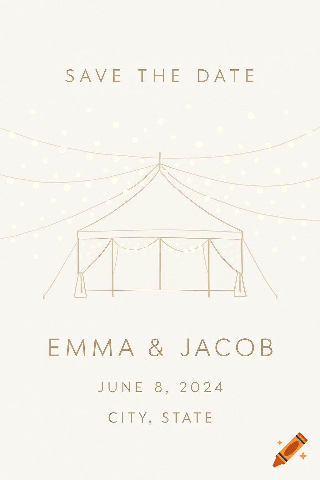 Minimalist save the date card featuring a line art tent and string lights with text 'SAVE THE DATE Emma & Jacob June 8, 2024 City, State'.