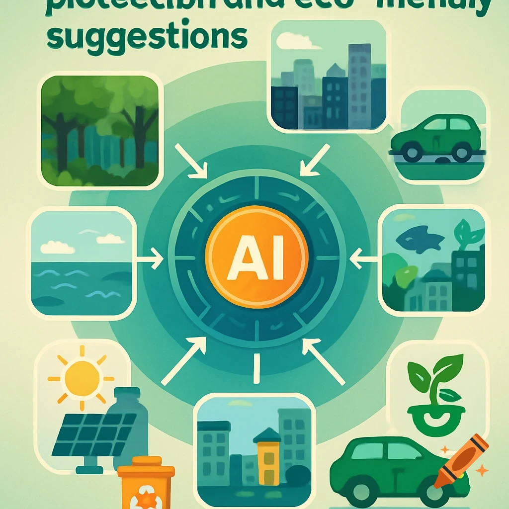 Colorful infographic showing an AI core connected by arrows to various environmental elements like trees, cities, cars, ocean, solar panels, and plants, with text about suggestions.