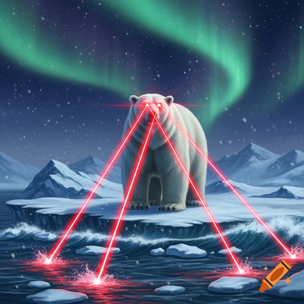 A polar bear with red laser beams shooting from its eyes stands on an ice floe under a green aurora borealis sky.