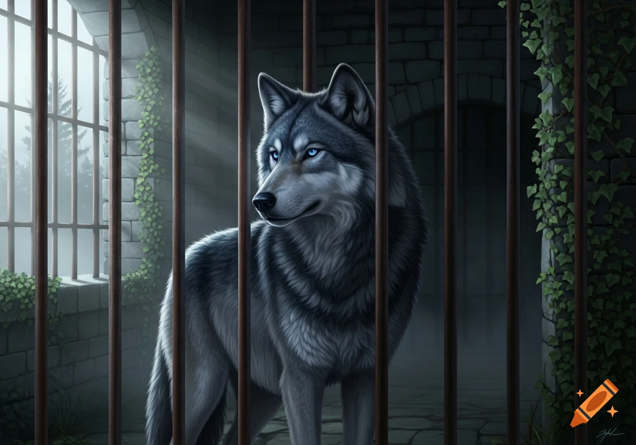 A majestic gray wolf with blue eyes behind rusty bars in a dark, overgrown stone cell. Digital art.