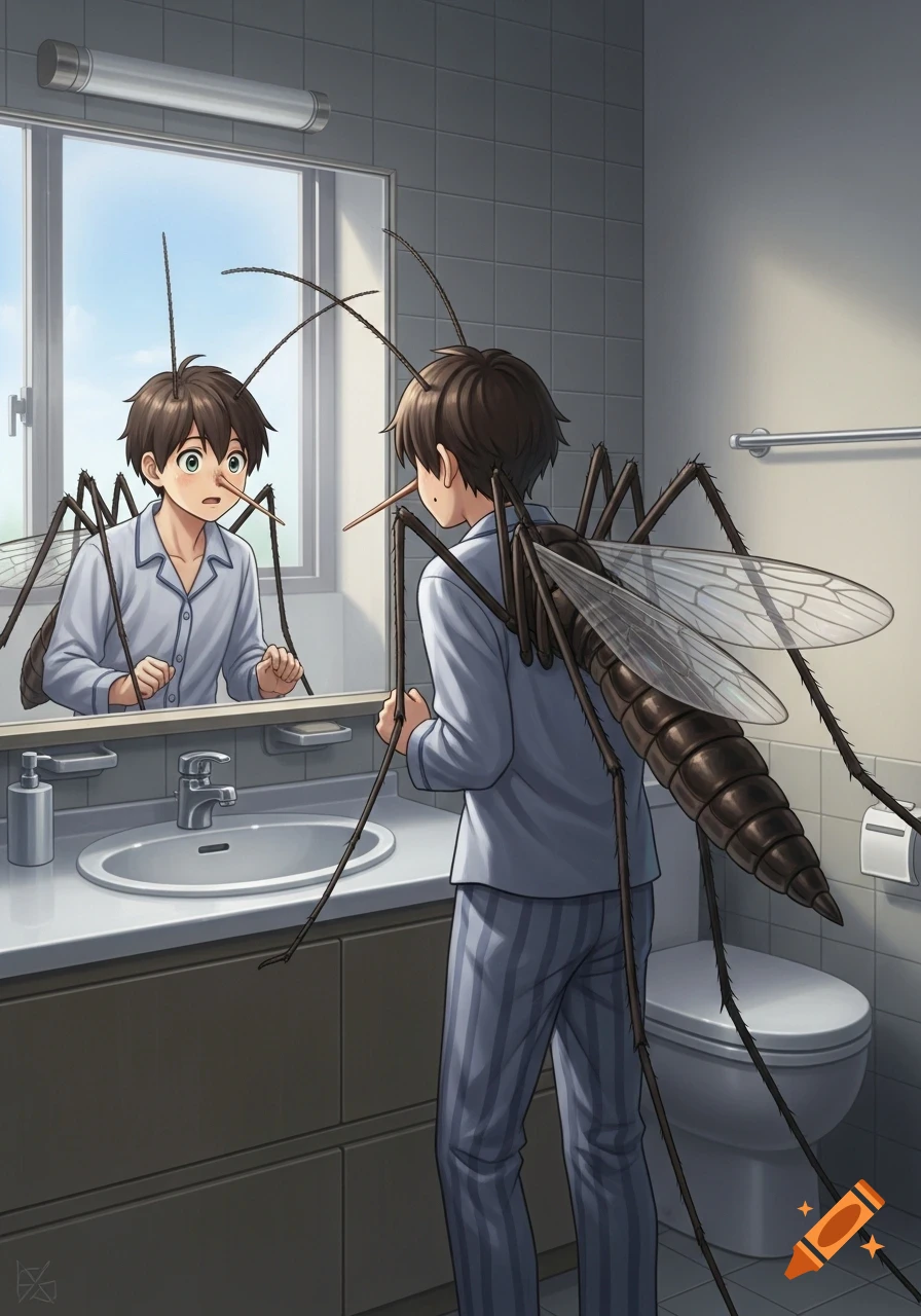 Anime boy with mosquito features like a proboscis and wings stares in shock at his reflection in a bathroom mirror.
