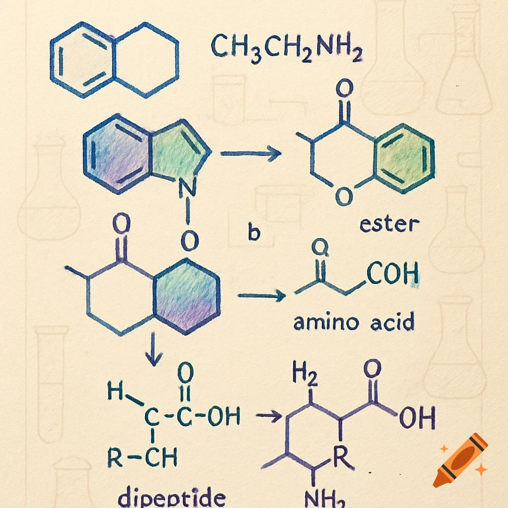 Colorful hand-drawn chemistry notes showing various organic chemical structures, formulas like CH3CH2NH2, and labels such as 'ester', 'amino acid', and 'dipeptide', on a light background with subtle beaker outlines.