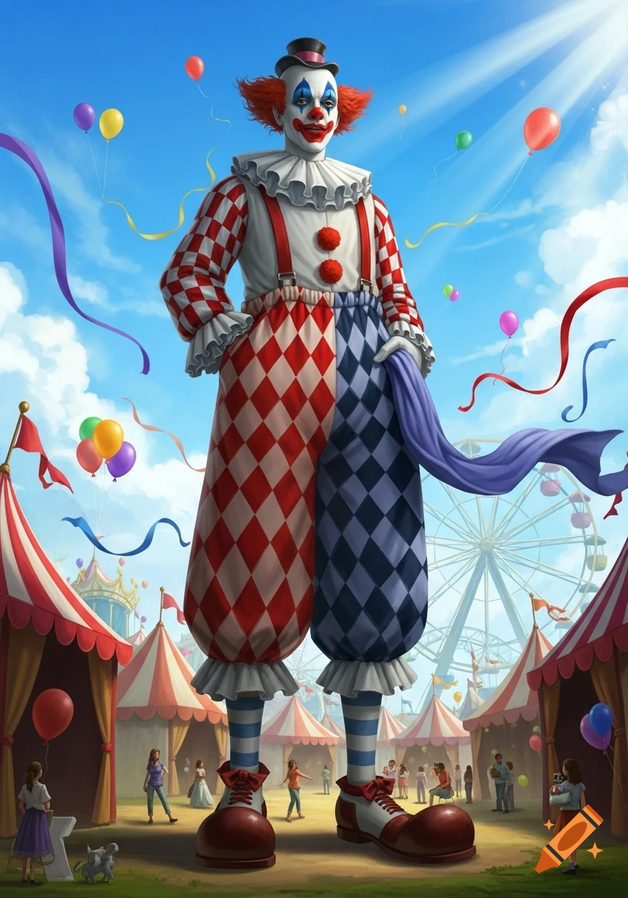 A giant clown in a colorful harlequin outfit stands amidst a bustling carnival with tents, balloons, and a Ferris wheel.