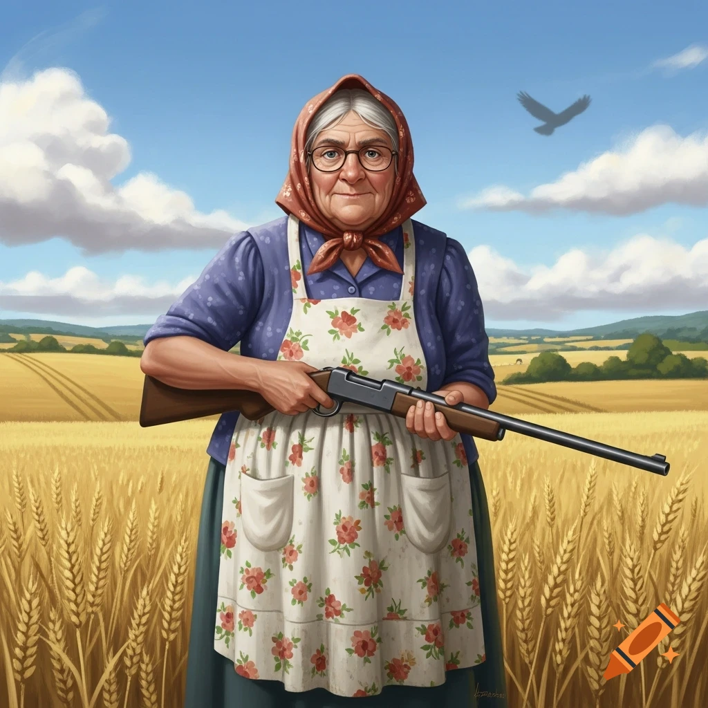 A stern elderly woman in a headscarf and apron holds a rifle while standing in a sunlit wheat field under a blue sky, with a bird flying in the distance.