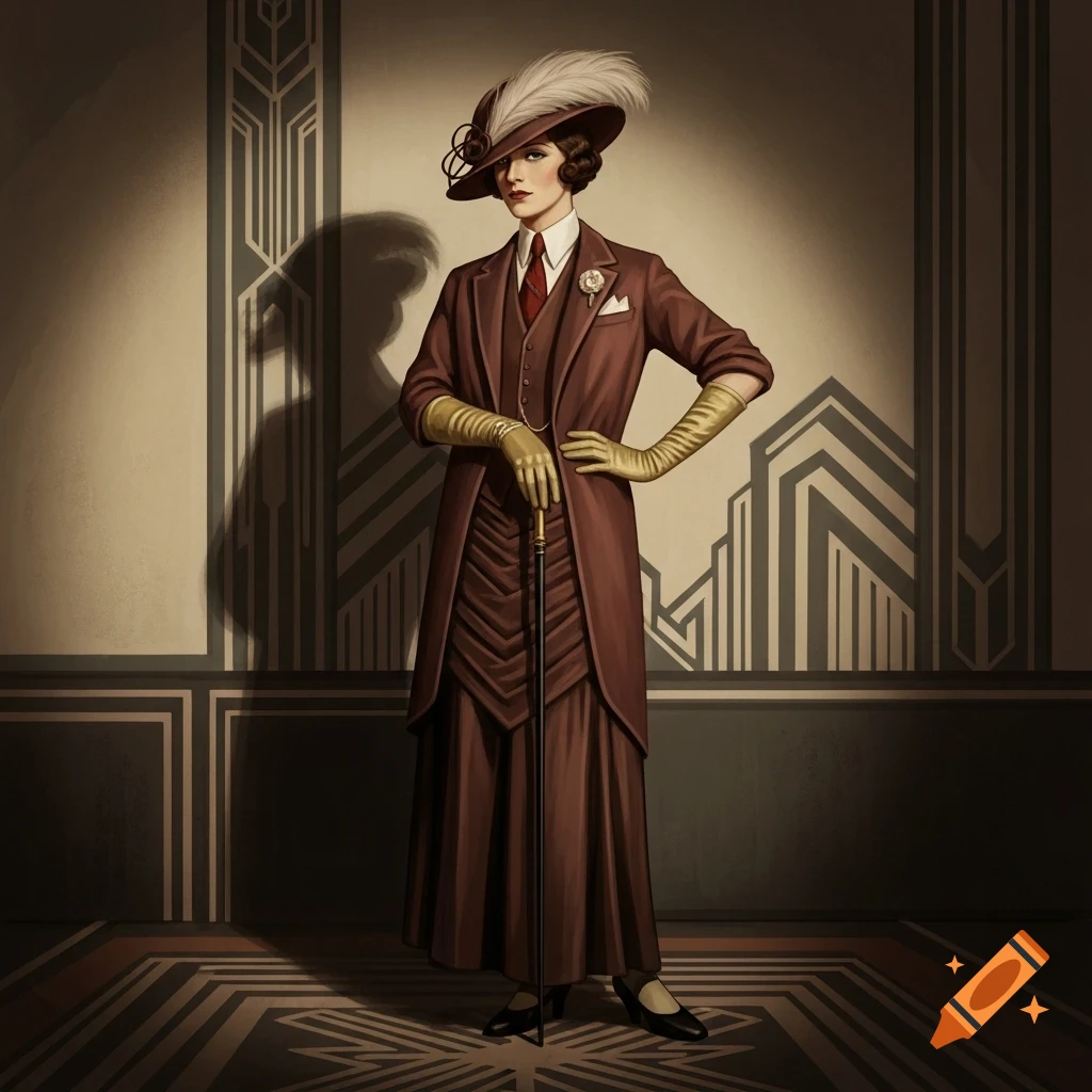 Woman in 1930s brown suit, feathered hat, and gloves, holding a cane against an Art Deco background.