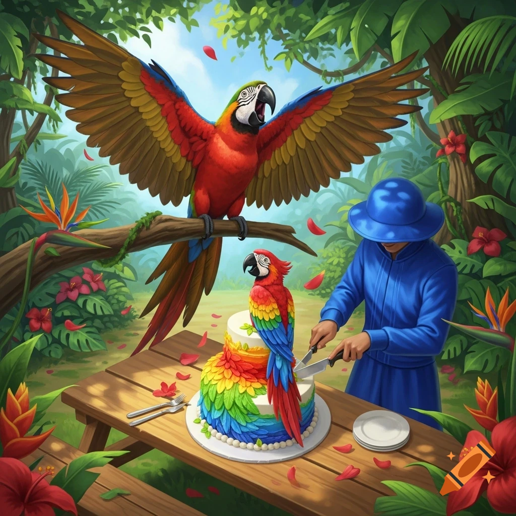 Vibrant illustration: a person cuts a rainbow parrot cake on a picnic table in a jungle with two macaws, one screaming with spread wings.