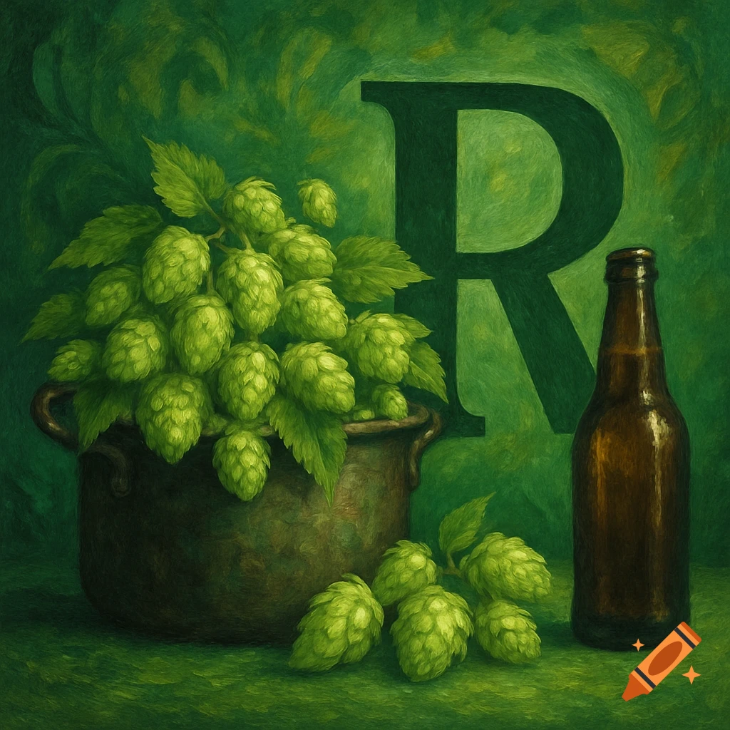 A painterly still life of a pot overflowing with hop cones and leaves, a brown beer bottle, and a large capital R on a green background.