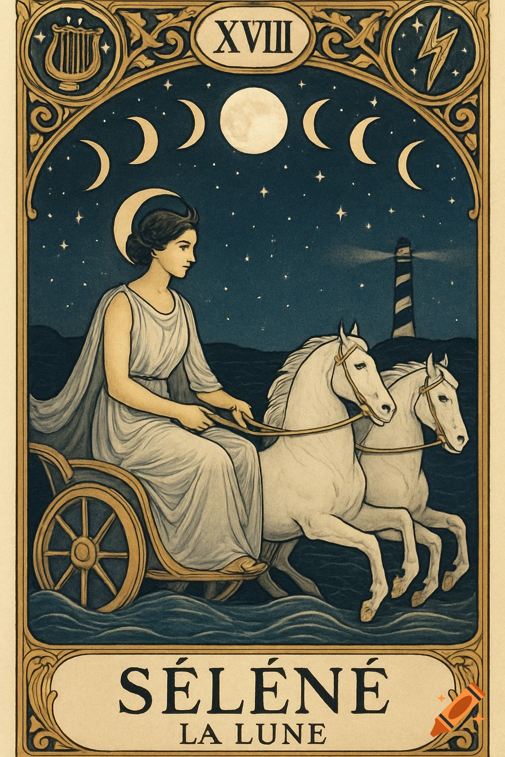Art Nouveau tarot card of Greek goddess Selene in a chariot pulled by white horses under moonlight, with text 'SÉLÉNÉ LA LUNE'.