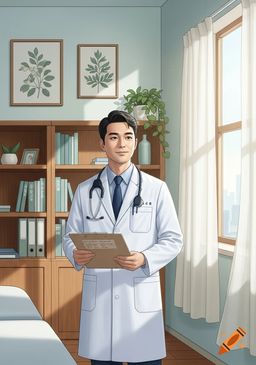 Illustration of a male doctor in a white coat with a stethoscope, holding a clipboard in a bright clinic.