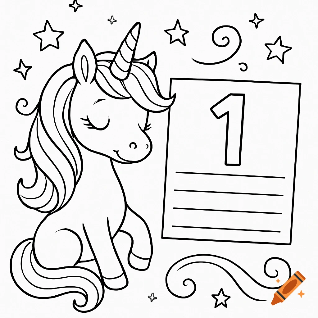 A black and white line drawing of a cute unicorn sitting next to a sheet with the number 1, surrounded by stars and swirls.