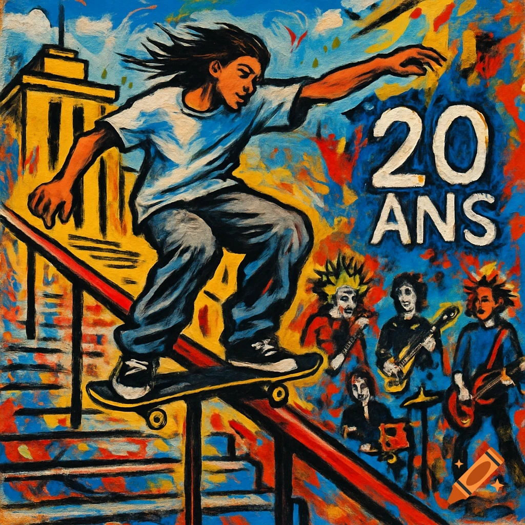 A male skater glides down a railing on a skateboard, with "20 ANS" and rock musicians in a colorful, Basquiat-style street art painting.