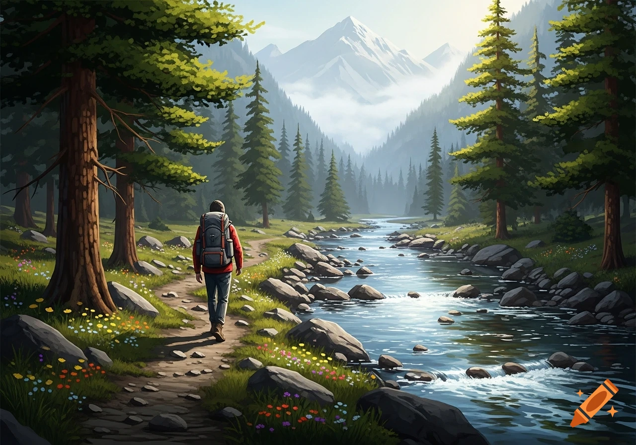 A lone hiker with a red backpack walks on a dirt path beside a clear river, surrounded by pine forests and distant snowy mountains.