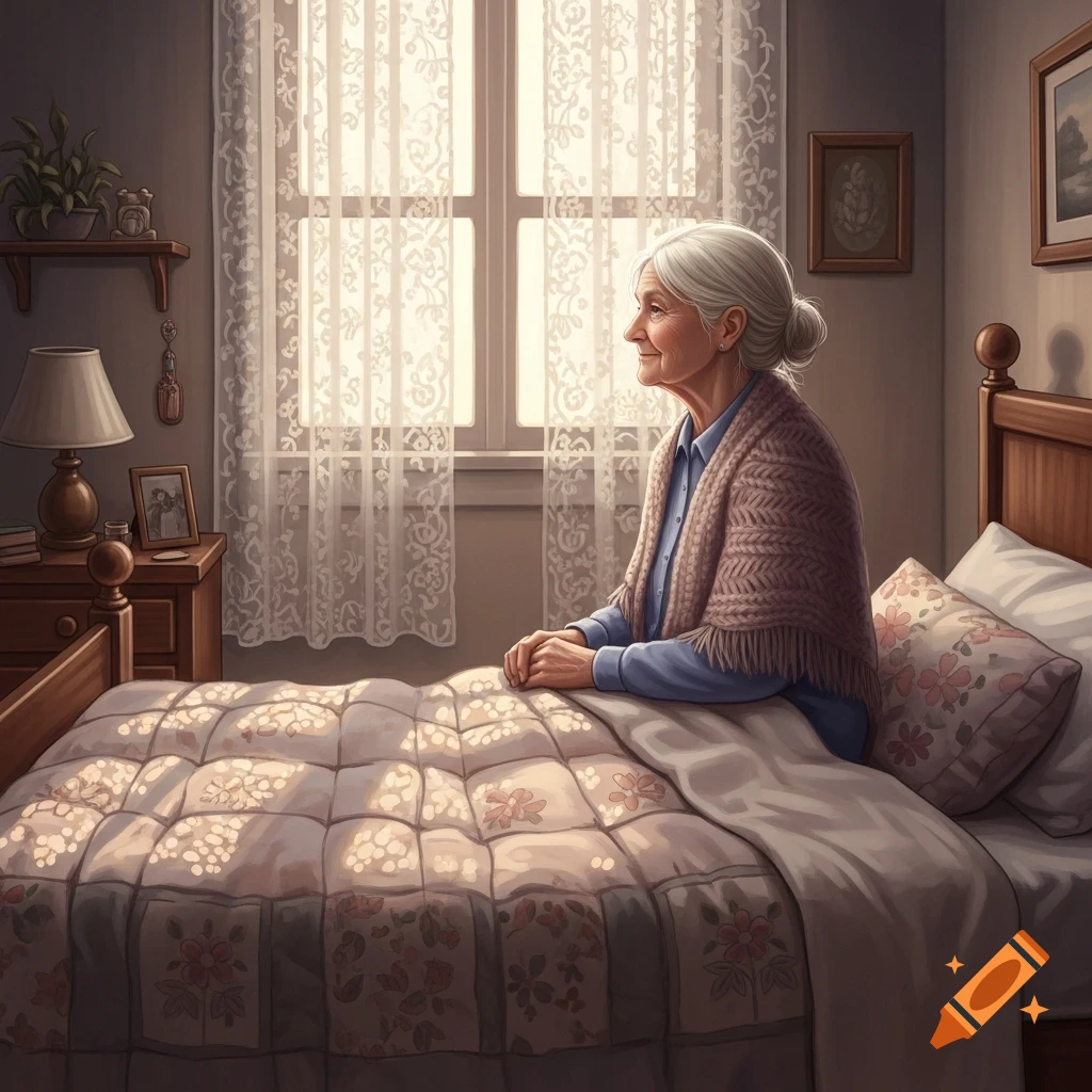 An elderly woman with white hair sits on a bed in a sunlit bedroom, wearing a blue shirt and a knitted shawl, looking out a window.