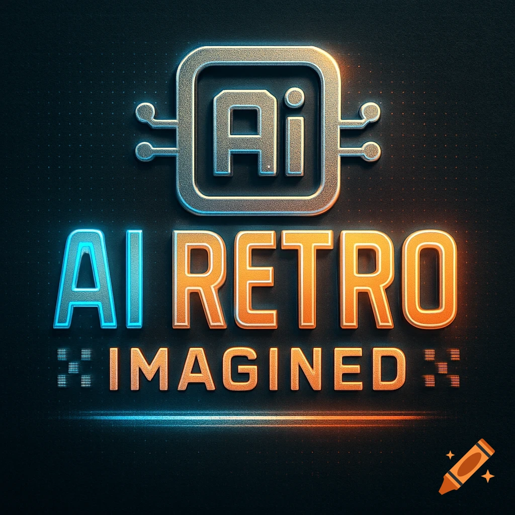 A retro-futuristic logo featuring "AI RETRO IMAGINED" in glowing blue and orange text, with an "AI" chip icon above.