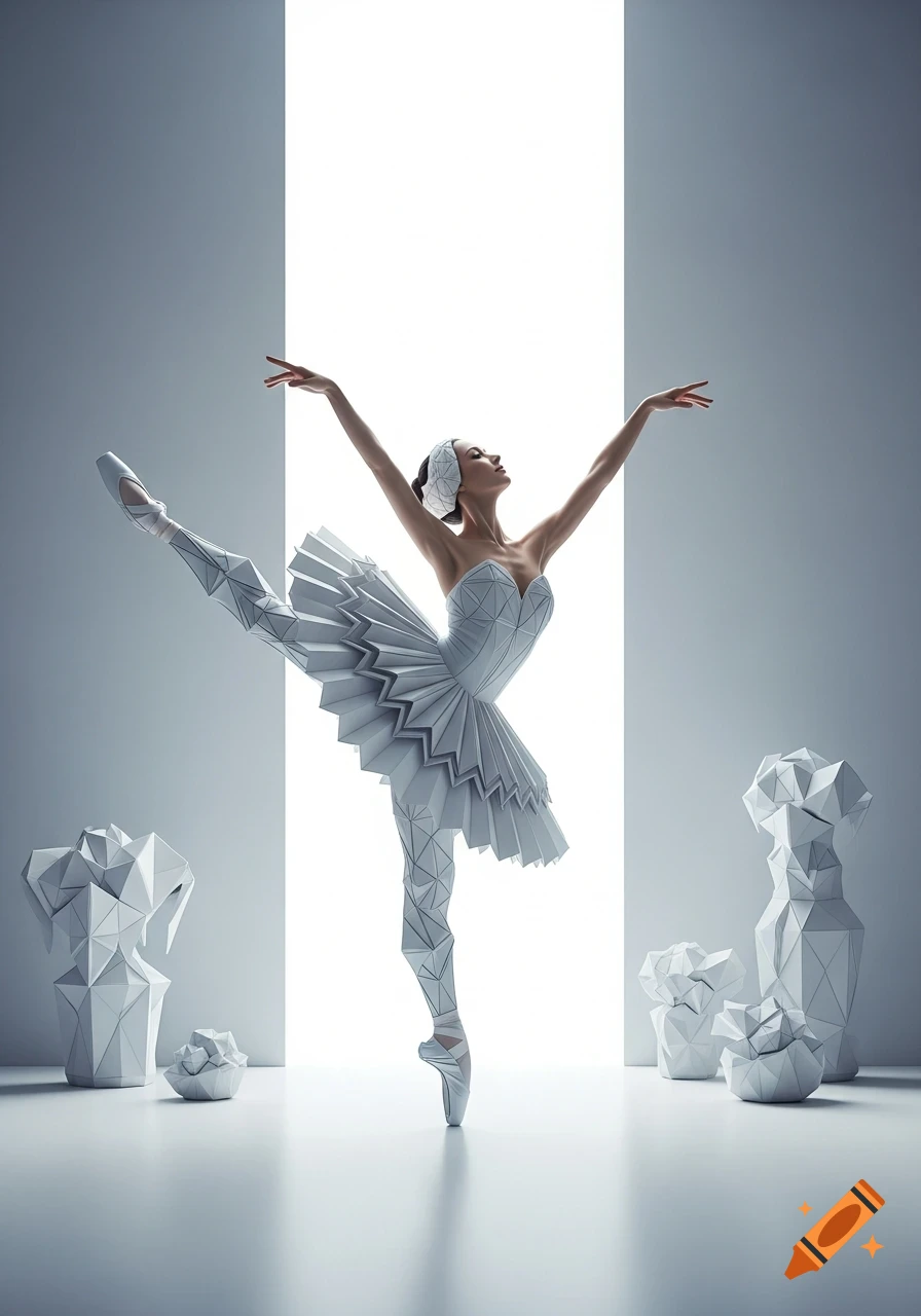 A ballerina in an intricate origami-style white dress and geometric leggings poses en pointe with raised arms against a bright vertical light.