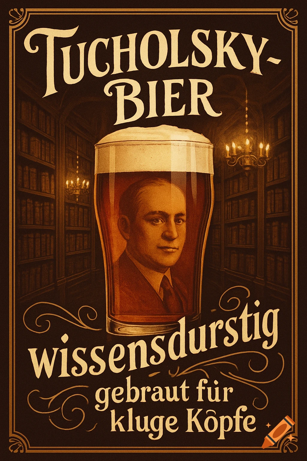 Vintage beer ad poster featuring a man's portrait in a beer glass, library background, and German text slogans.