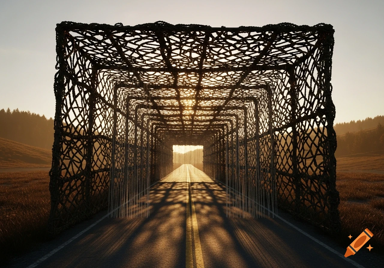 A long, rectangular tunnel made of intricate nets stretches over a road at sunset, with fields and forests on the horizon.