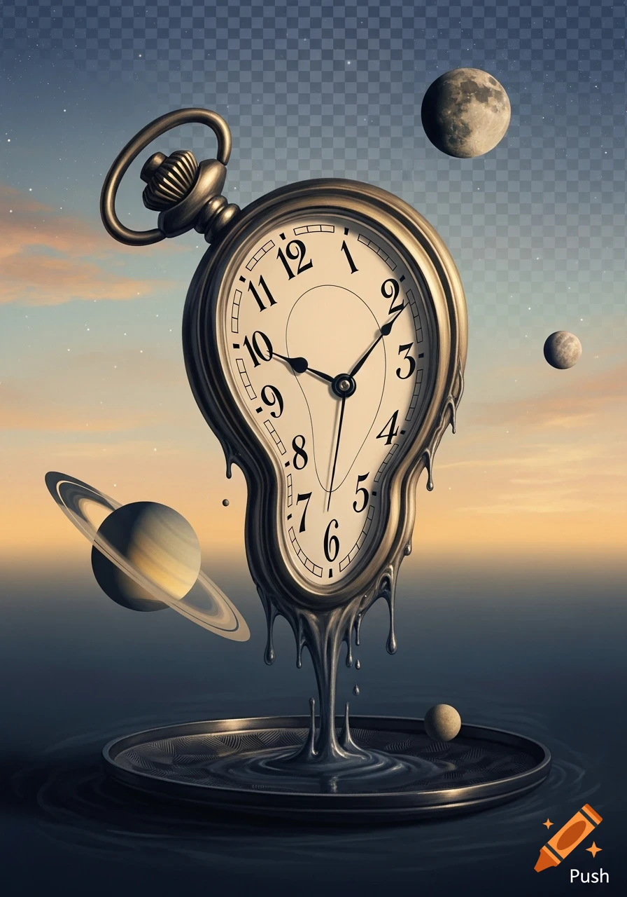 A surreal image of a melting pocket watch, like a Salvador Dali painting, with planets and stars in a cosmic sky background, reflecting on a dark, rippling liquid surface.