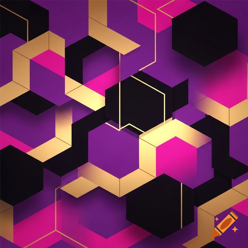 An abstract geometric pattern featuring interlocking hexagonal shapes in shades of purple, fuschia, gold, and black.