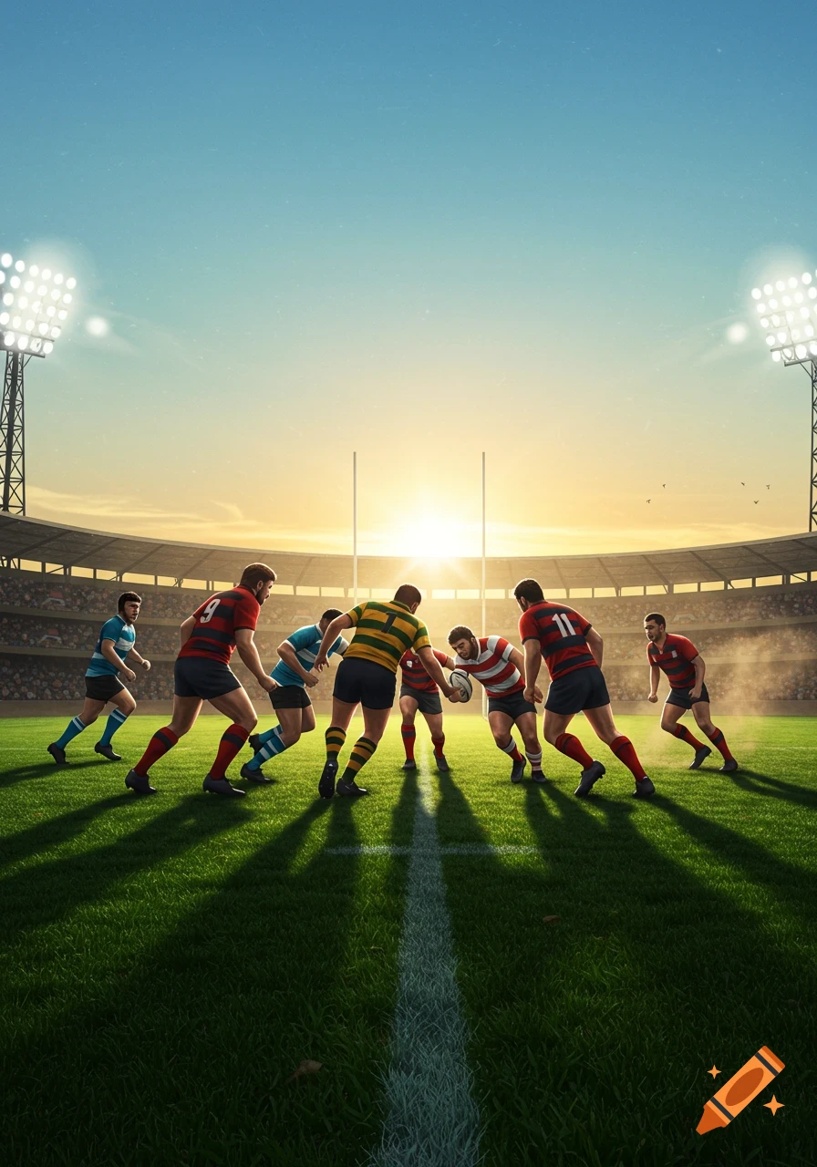 Photorealistic image of rugby players competing on a green field in a stadium at sunset, with bright stadium lights.