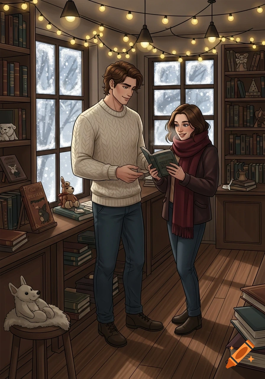 An illustrated image of a man and woman in a cozy bookshop with snow outside, illuminated by string lights. The woman reads a book while the man smiles at her.