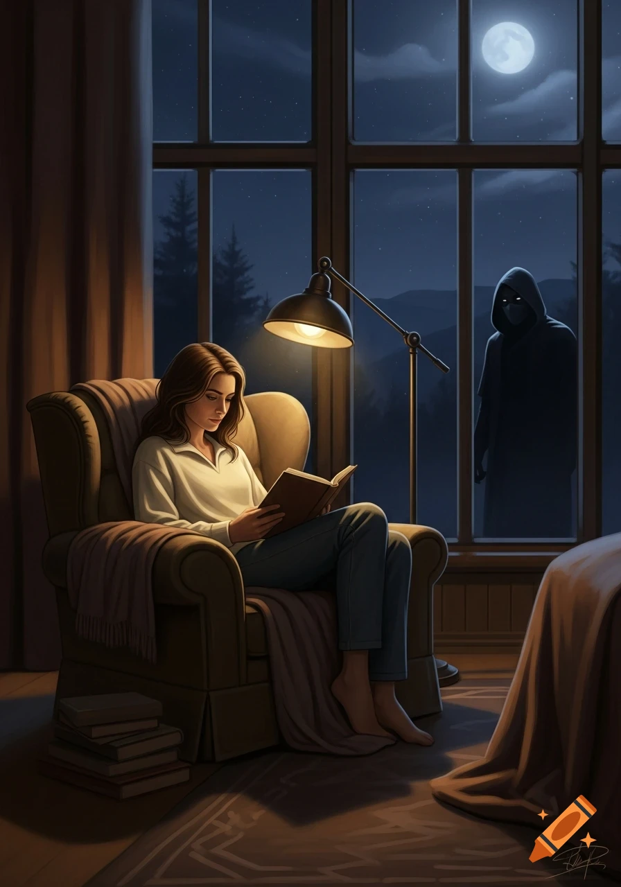 An illustrative image of a woman reading a book in an armchair by a window at night, with a hooded figure outside.