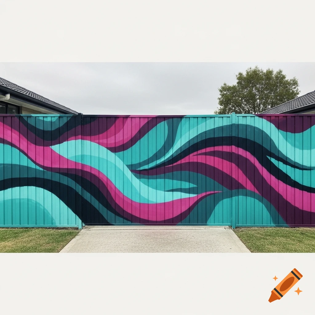 A fence painted with a wavy abstract mural in pink, teal, and black, with a concrete path and grass in front.