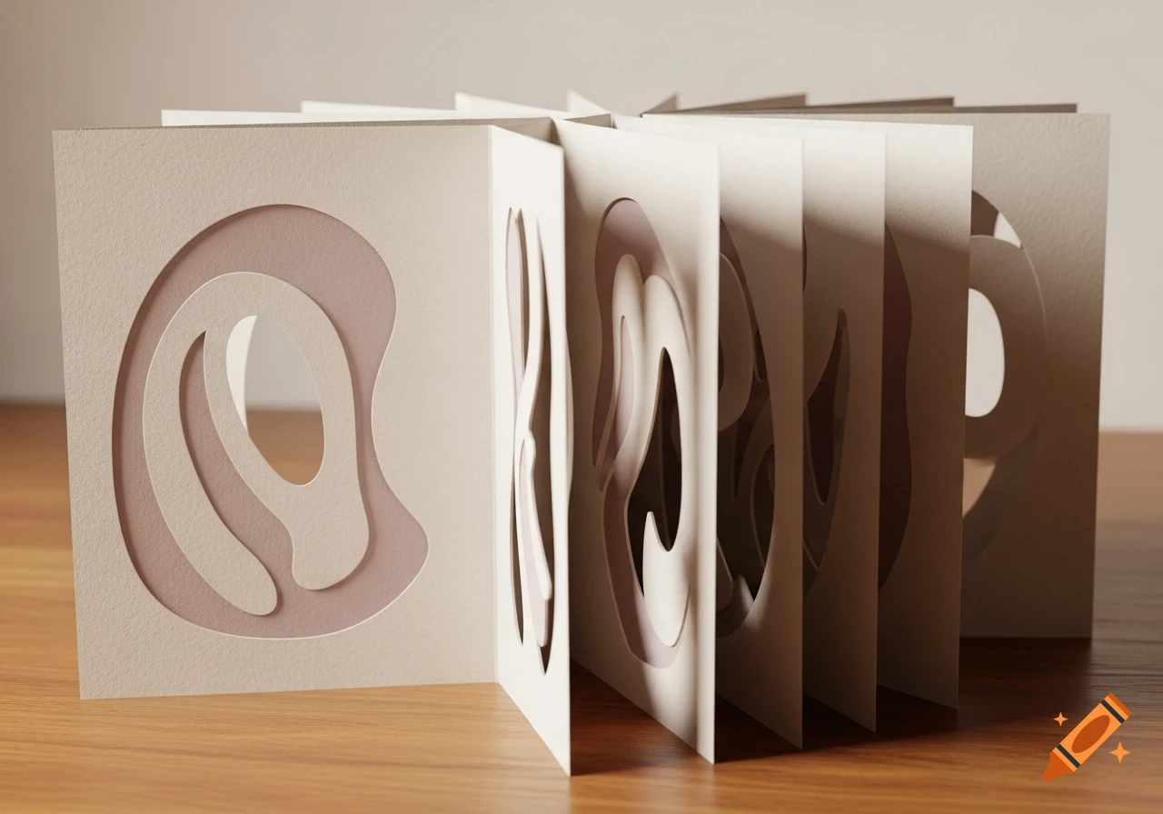 A cream-colored concertina booklet with multiple pages, each featuring a layered cutout abstractly resembling letters or symbols like '@', 'R', 'O', 'P', and 'S' on a wooden surface.