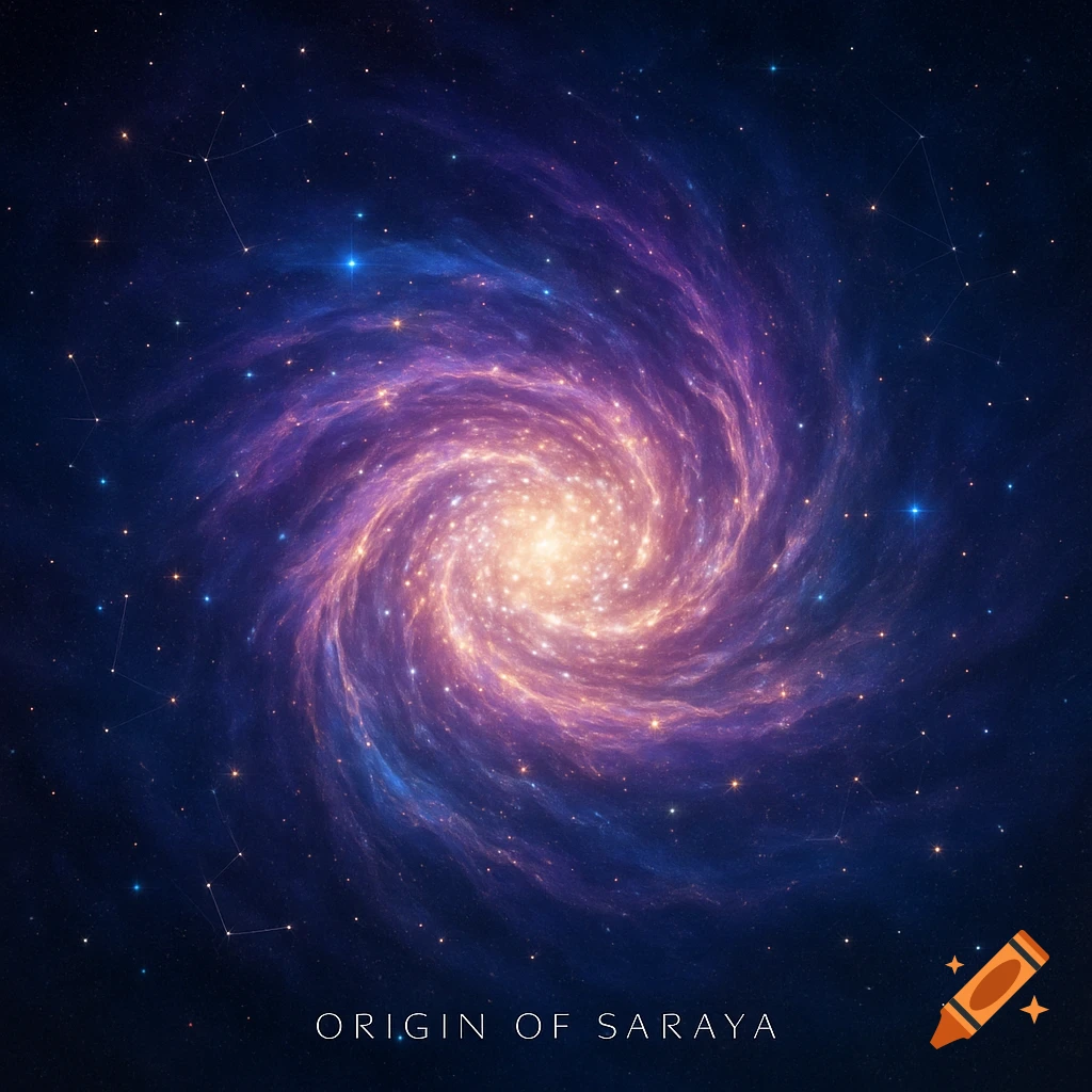A vibrant purple and orange spiral galaxy with a bright core, set against a dark starry sky. Text 'ORIGIN OF SARAYA'.