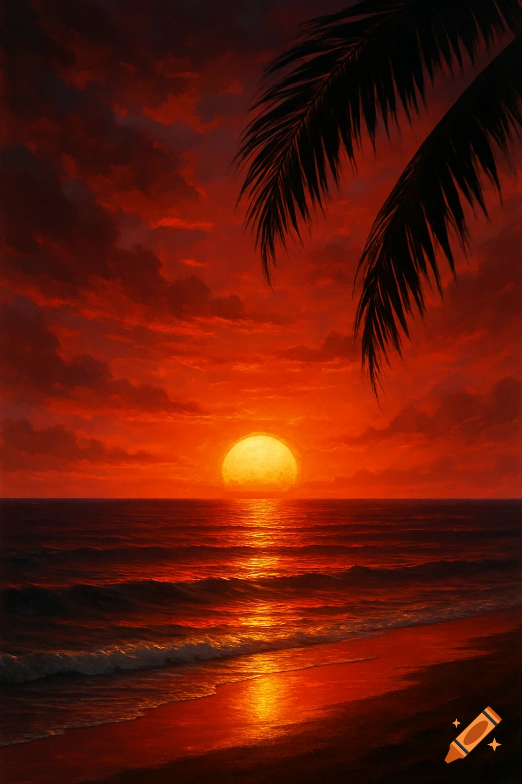 Painterly tropical sunset with a large orange sun reflecting fiery red on the ocean and sandy beach, framed by a dark palm frond.