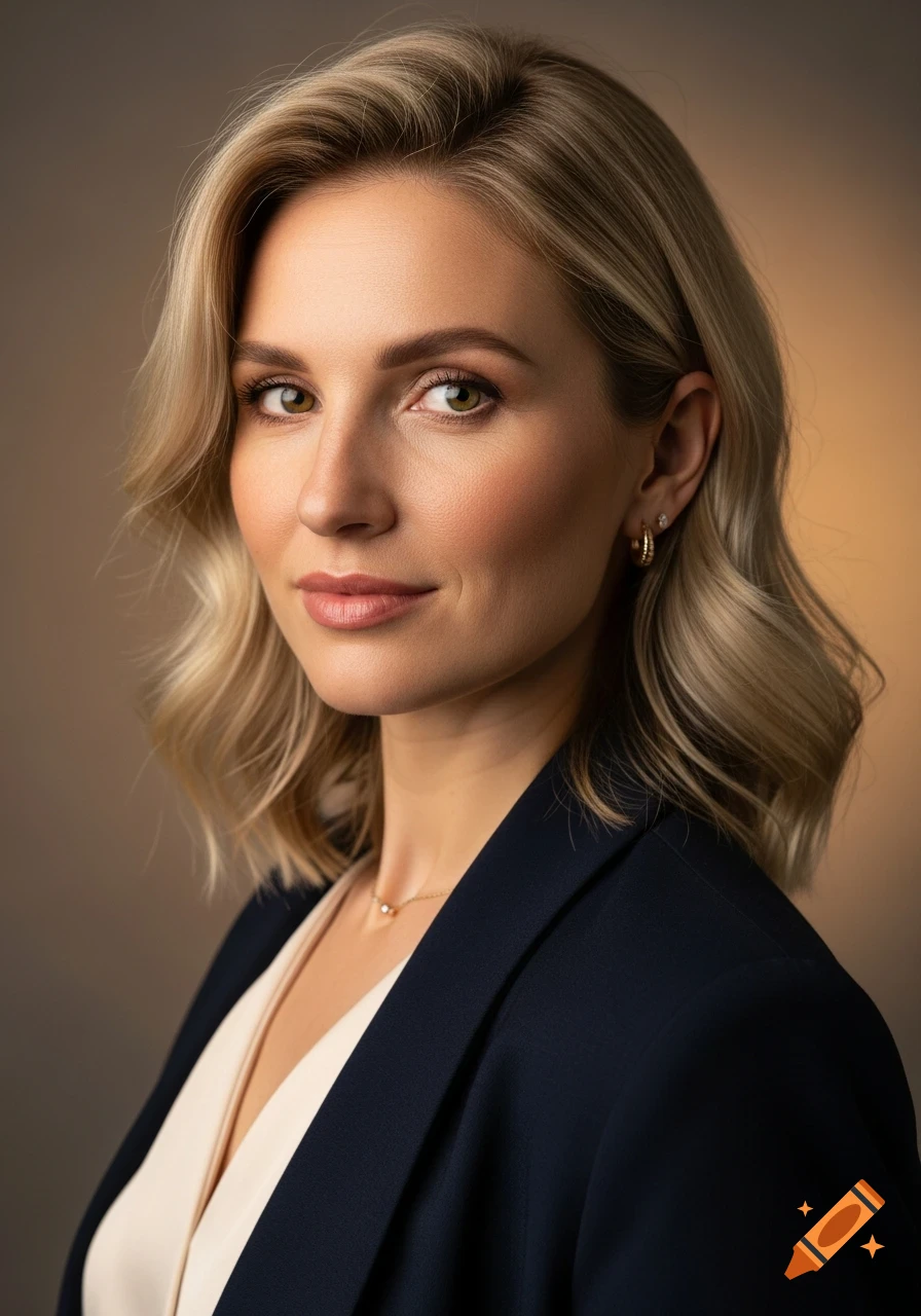 Photorealistic studio portrait of a woman with ash-blonde hair, hazel-green eyes, and subtle makeup, wearing a navy blazer.
